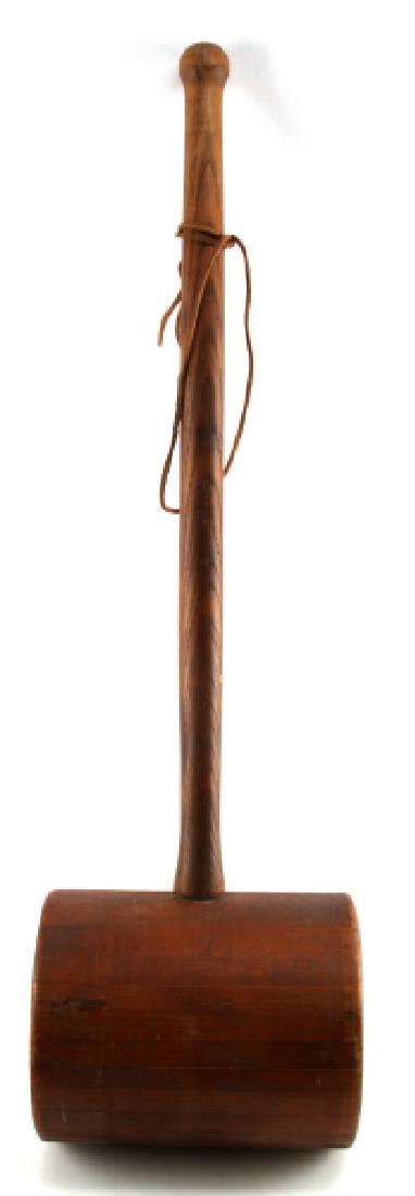 LARGE CARNIVAL CIRCUS STRONG MAN WOOD MALLET: Wood mallet measurements are: Handle 28 inches, Head of the mallet is 10 inches in height with an 8 inch diameter. Weight is 14.8 pounds. In good condition