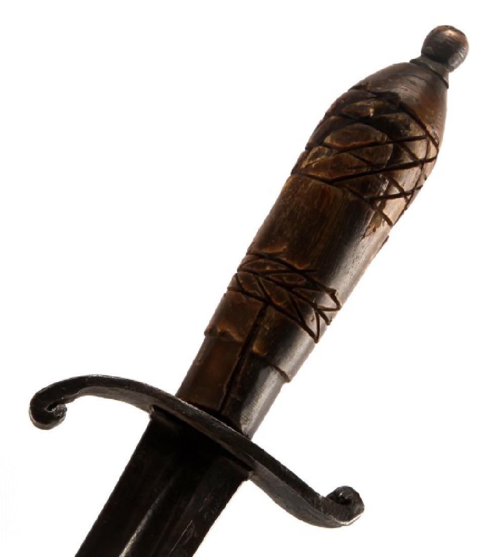 VINTAGE SWORD BLADE WITH FULLER HORN OR HOOF GRIP: Blade measures 25 inches long with fuller running about 8 inches. Incised horn or hoof grip with some loss. Blade is marked in fuller, very hard to read, "No. III ... SIN". Nicks, pitting, and patina