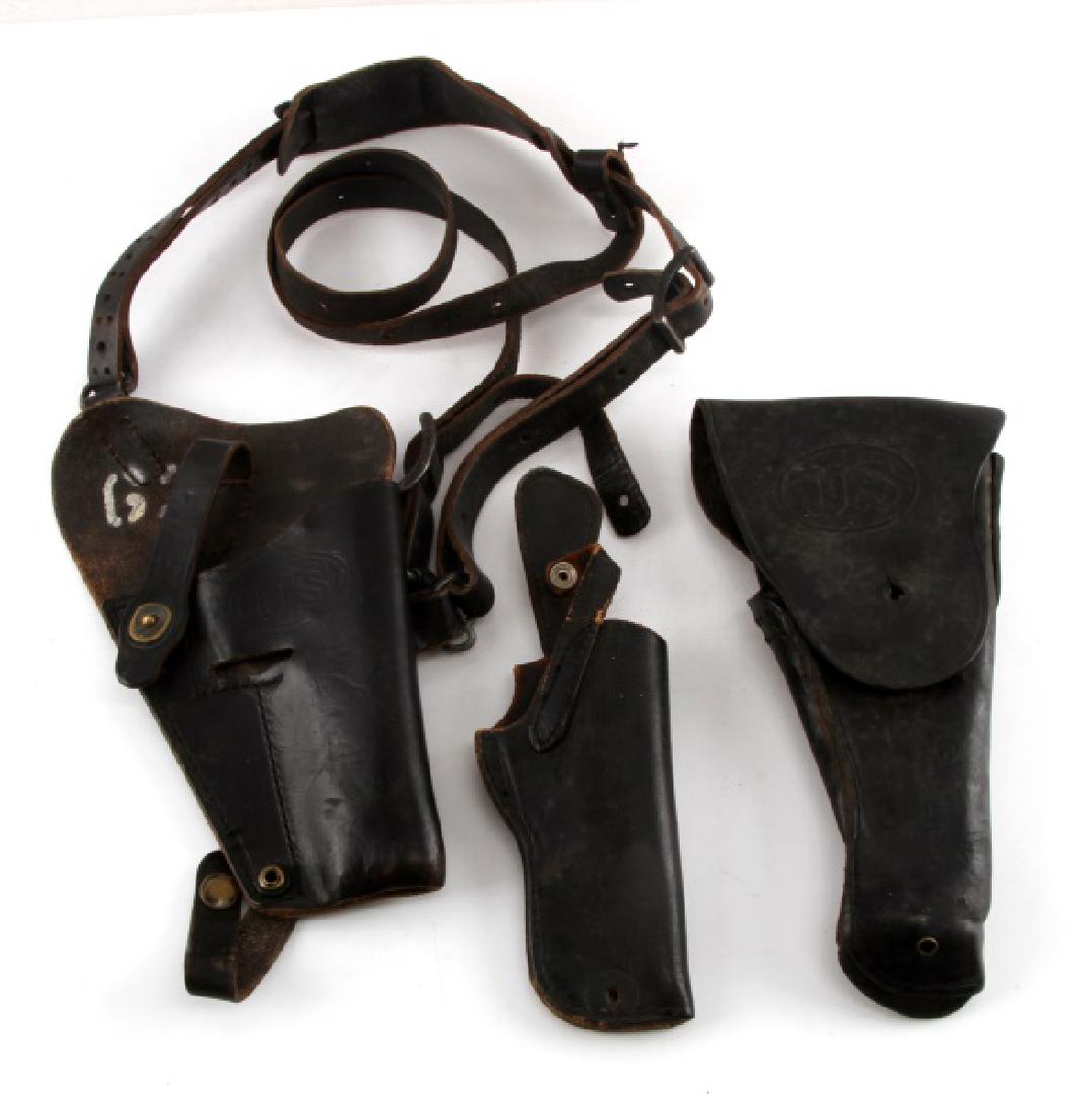 VINTAGE BLACK LEATHER GUN PISTOL HOLSTER LOT: Lot of 3 includes: Nordac MFG Corp 7791527 US shoulder holster with seams intact and bottom snap button on holster broken, next a Bucheimer Federal Man B440 missing bottom snap and last a vintage HUNT