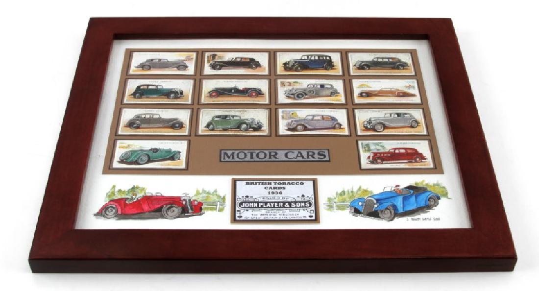 FRAMED BRITISH TOBACCO CARDS 1936 WWII MOTOR CARS: Framed British tobacco cards. Dated 1936. Issued by John Player & Sons. Features many WWII era motor cars. Crafted & framed by the artist J. Randy Smith. Measures 16"x13"x7/8".