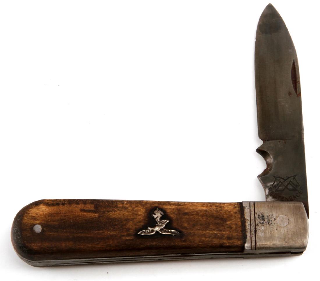 GERMAN WWII 3RD REICH LUFTWAFFE PILOT POCKET KNIFE: "Redtenbacer" marked blade. Wooden handle with German eagle insignia. Age wear present. When closed, blade is not completely flush with handle. Measures 4 inches long (closed). Unauthenticated. Sold "