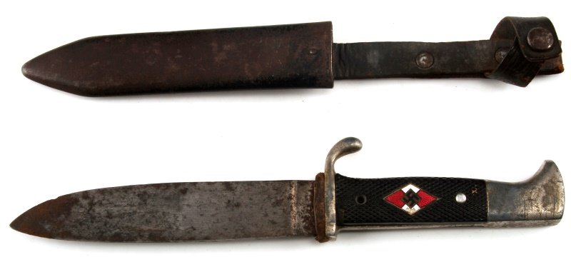 RARE MAKER GERMAN WWII HITLERJUGEND DAGGER RZM: Has maker's markings "Rob. Mulller. Sol.-Merscheid" (very rare maker) and "RZM. M7/32" on the blade. Heavy wear/tarnish to blade and scabbard. One rivet missing from handle. Measures approx. 9 3/4 inc