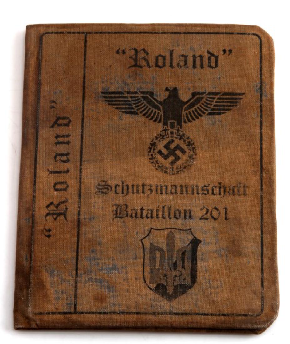 GERMAN WWII UKRAINIAN VOLUNTEER AUSWEIS ID ROLAND: Identification document of a Ukrainian volunteer fighting on the German side in the infamous Battalion "Roland". Moderate age wear. Stamps and handwriting. Unauthenticated. Sold "as is". This lot has 