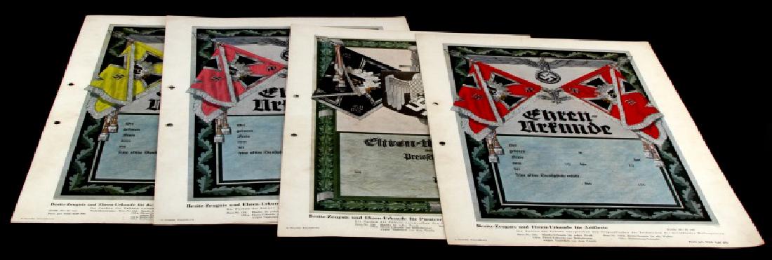 WWII GERMAN 3RD REICH PROPAGANDA LITHOGRAPHS: Lot of 4 German WWII Honorary Certificate of Ownership: Pioneers, Artillery, News troops and Equestrian Regiments, and Armor Defense. They are color off set lithographs with photocopy of original orde