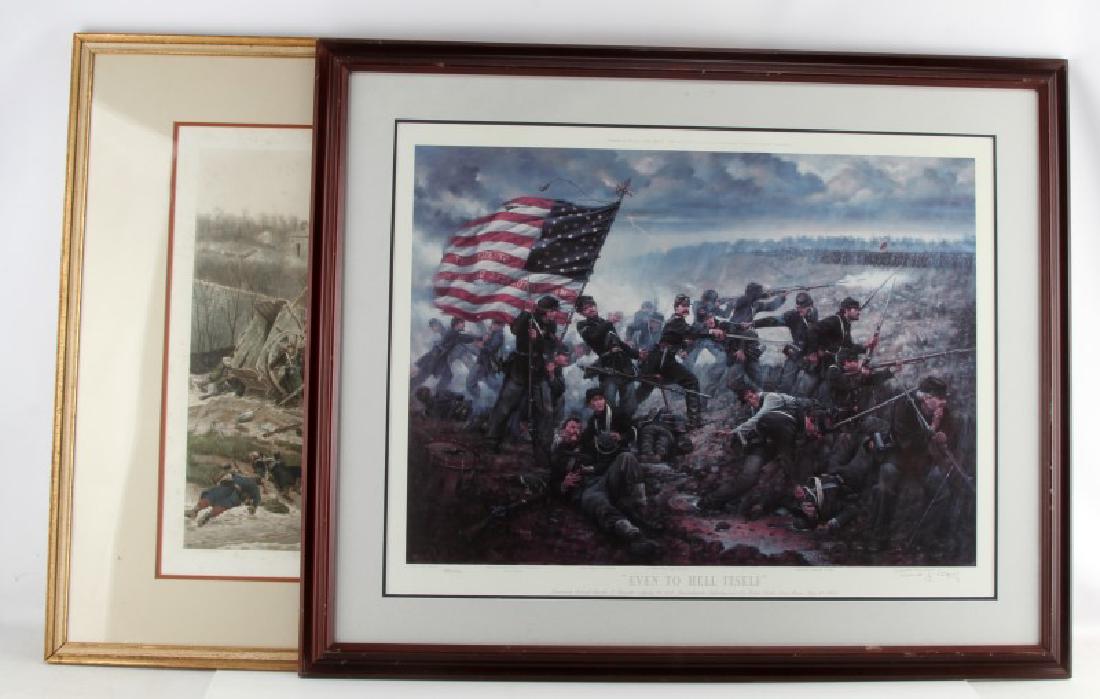 MILITARY AND HISTORICAL BATTLES WAR ART PRINT LOT: Lot of 2 19th Century battle depictions. "La Platriere" print of work by Alphonze De Neuville copywrited 1894, measures 31 1/2 by 34 inches, mated and framed, with some spotting discoloration around b
