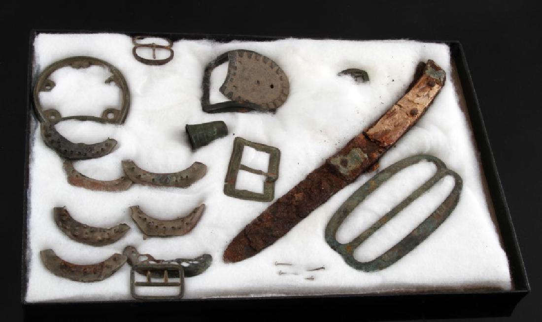 FRENCH FORT MEMPHIS PRIVY DUG FRENCH ARTIFACTS: Metal detector finds from French Privy , thimble, buckles and heel parts, in Riker mount