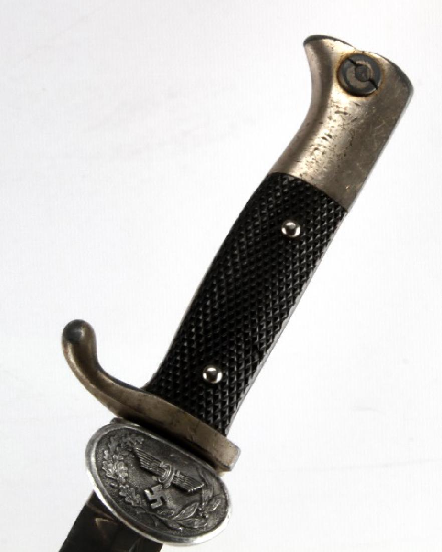 WWII GERMAN 3RD REICH REICHSBAHN DRESS DAGGER: Measures 13 inches long with a 7 inch blade. Shows sign of age with some discoloration and chrome loss. Has a clamshell cross guard with Reichsbahn symbol. The blade is marked Alcoso Solingen. Also is