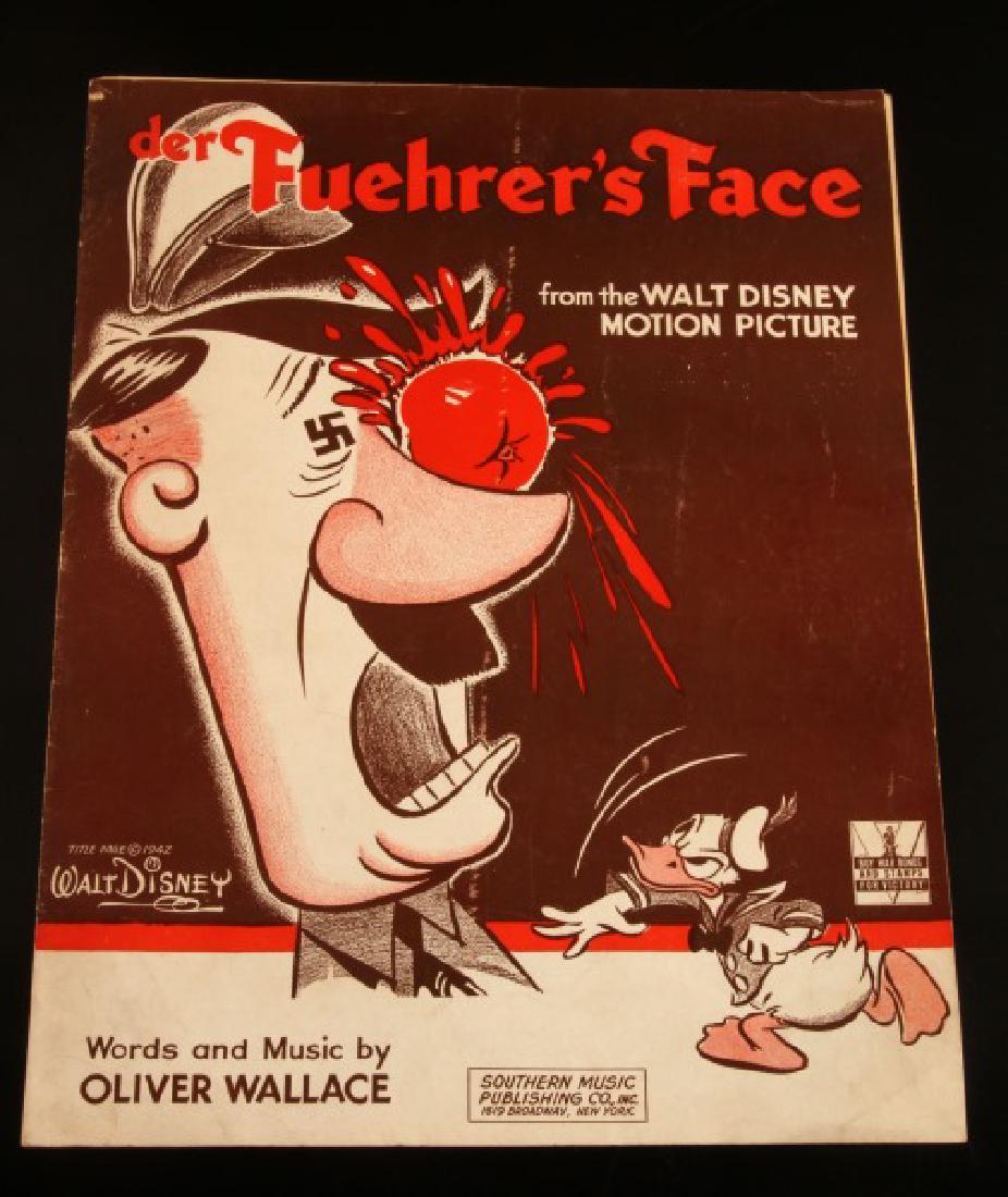 RARE WWII GERMAN ANTI NAZI WALT DISNEY SHEET MUSIC: Titled Der Fuehrer's face from the Walt Disney motion picture.. In very good condition with some discoloration due to age. Copy right 1942.