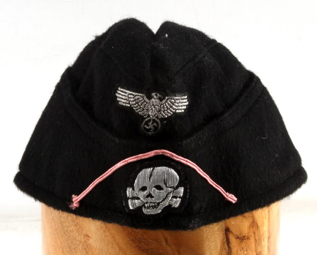 WWII GERMAN THIRD REICH NSDAP PANZER DIV BLACK CAP: WWII German Third Reich NSDAP Panzer division black wool cap with the traditional panzer division pink line and silver bullion wire Totenkopf Death's Head below the pink Panzer line and the silver bul