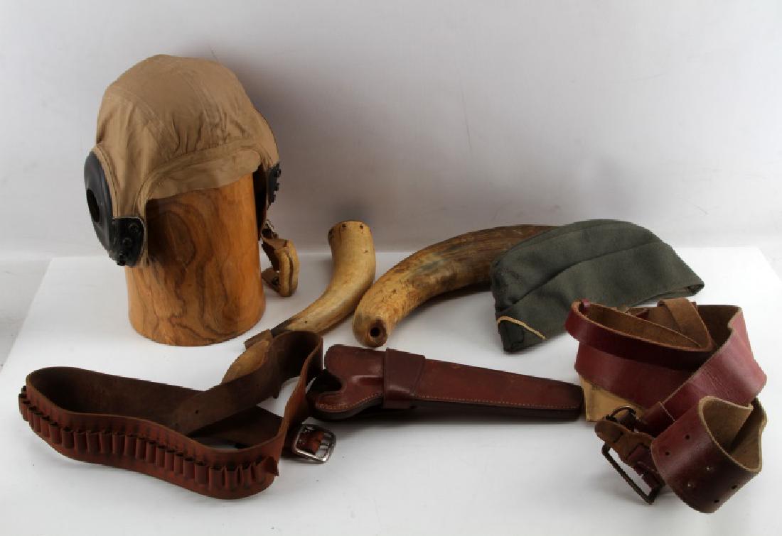 CIVIL WAR TO WWII MILITARY COLLECTORS LOT VARIETY: Includes 2 complete powder horns 11 inches and 5 inches measured along the curve, 1 not complete larger, leather single action wearable size 36 pistol rig, WWII de Nazified SS overseas cap, very good