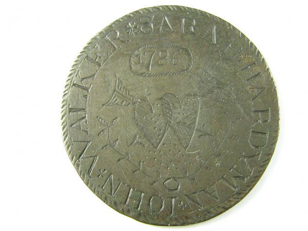 1786 LOVE TOKEN SCHOONER SARA HARDYMAN JOHN WALKER: 1786 Love Token schooner Sara Hardyman John Walker surrounds 1786 date and pair of hearts, reverse is schooner with fly above, probably on a Condor Half Penny token but edge is blank, excellent condit