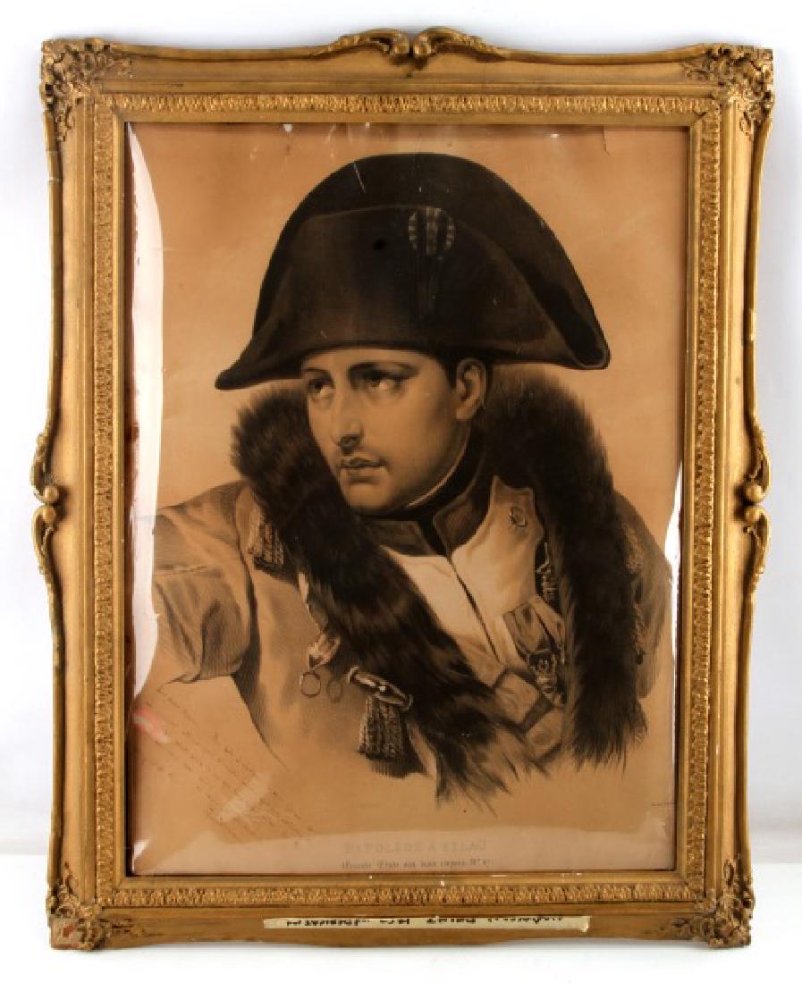1847 NAPOLEON BONAPART PORTRAIT LITHOGRAPH PRINT: Lithograph by Julien (1802-1871), printed in Paris in 1845 with hand printed dedication added to recipient from George Warren in 1852.In good condition. Unable to examine edges due to frame but it app