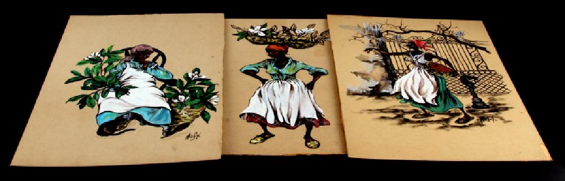 1950 CHARLESTON FLOWER PEDDLER LOT ALICE SCOTT: Alice Scott's original watercolor created in 1950's, during this period African-American flower vendors were an everyday sight on Charleston streets. These charming watercolors are typical of Scott's 