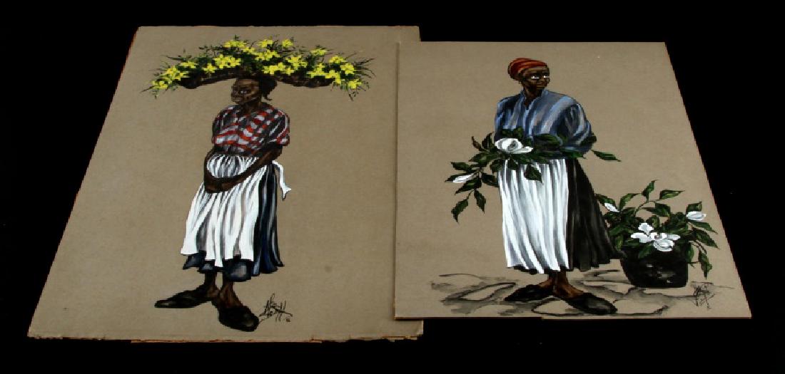 1940S ALICE SCOTT FLOWER PEDDLER BLACK AMERICANA: During the decades of the 1940's through the 1960's, Alice Scott lived in Charleston and was active both as a painter and theater designer and became well known for her Flower Peddler watercolors. The