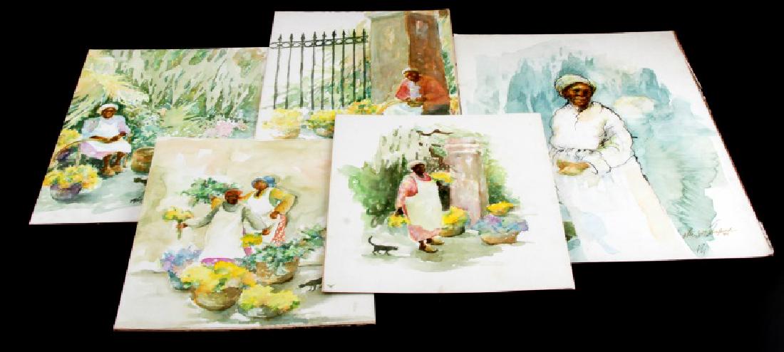 CHARLESTON FLOWER PEDDLER WOMEN BY ALICE SCOTT: Provenance: direct from family. Lot of 5 later watercolor paintings of the Charleston Flower Peddler women. Three are unsigned with 2 measuring 10 by 8 inches and one is 11.5 by 8 inches. One is signe