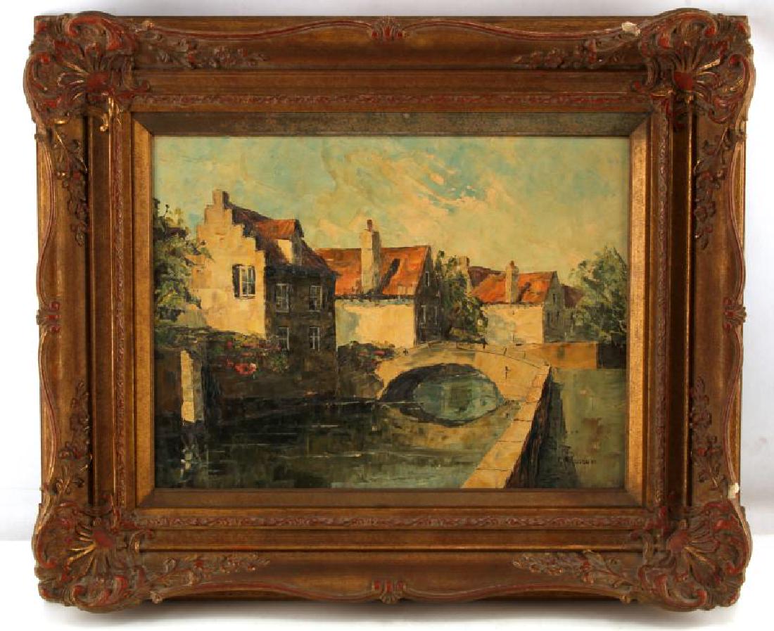 V ROSSUM OIL ON CANVAS IMPRESSIONIST PAINTING: Vintage European town with arched waterway in antique plaster frame. Signed V. Rossum in LR corner. In very good condition with some yellowing to finish and loss of plaster in two 1cm by 1cm areas of