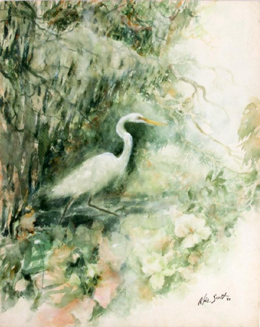 SOUTHERN EGERT WATERCOLOR PAINTING BY ALICE SCOTT: Titled: "Southern Egret" by Alice Scott (1924-2005) American South painter. Measurements are 20 by 16 inches. Signed and dated RL corner. Provenance: direct from family.