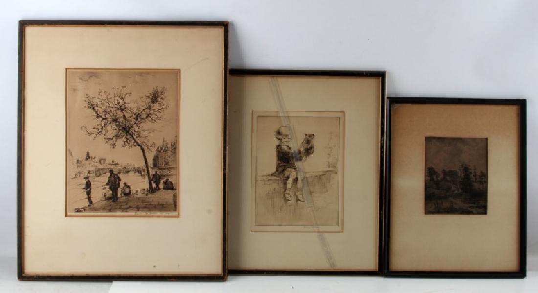 ASSORTED SIGNED ETCHING LOT GROSSMAN DEBAINES: Lot of 3 includes a Brunet Debaines after John Constable landscape (5.5 by 6.5 inch image), an Elias Grossman (12 by 9 inch image) and girl with kitten etching (9 by 7 inch image) signed illegibly.