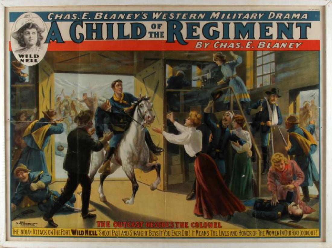 STROBRIDGE BLANEYS WESTERN MILITARY ADVERTISEMENT: Poster reads Chas. E. Blaney's Western Military Drama "A Child of the Regiment" featuring Wild Nell. Copywrited by the Strobridge Litho Co. of Cincinnati and New York. Image measures 28 by 38, framed 