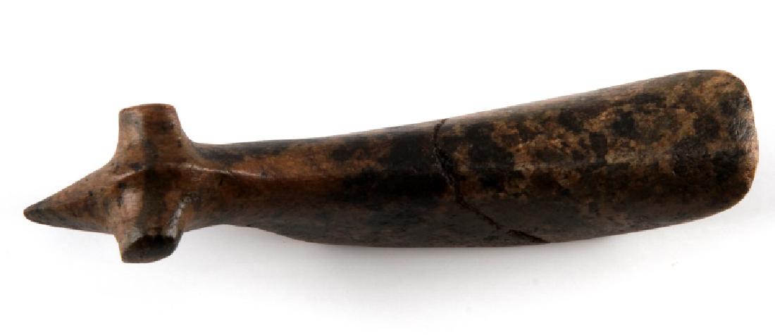 4 INCH POP EYED BIRDSTONE ANIMAL FIGURE WABASH IL: From Wabash County, Illinois. Actual measurement is 3.875 inches. Crack running through piece, not expected to affect integrity. Very good condition with normal age wear.