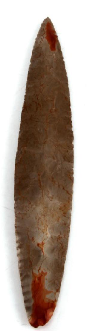 14 INCH CADDO FLINT LEAF BLADE LAMAR COUNTY TEXAS: 14 - Inch Caddo (neo lithic) Flint blade made from Edwards Plateau Chirp. from Lamar County Texas. The Double sided Caddo leaf shaped tapered flint blade which bears a central grind line which spans t