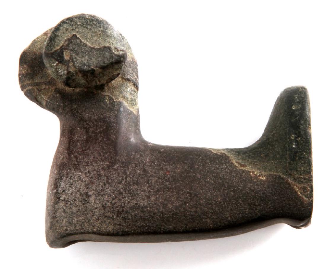 SLATE NATIVE AMERICAN WOODLAND POPEYE BIRDSTONE: Measurements 70mm in length, 55mm in height and 30mm in width. Smooth, in good condition, bottom of right eye has some loss of stone.