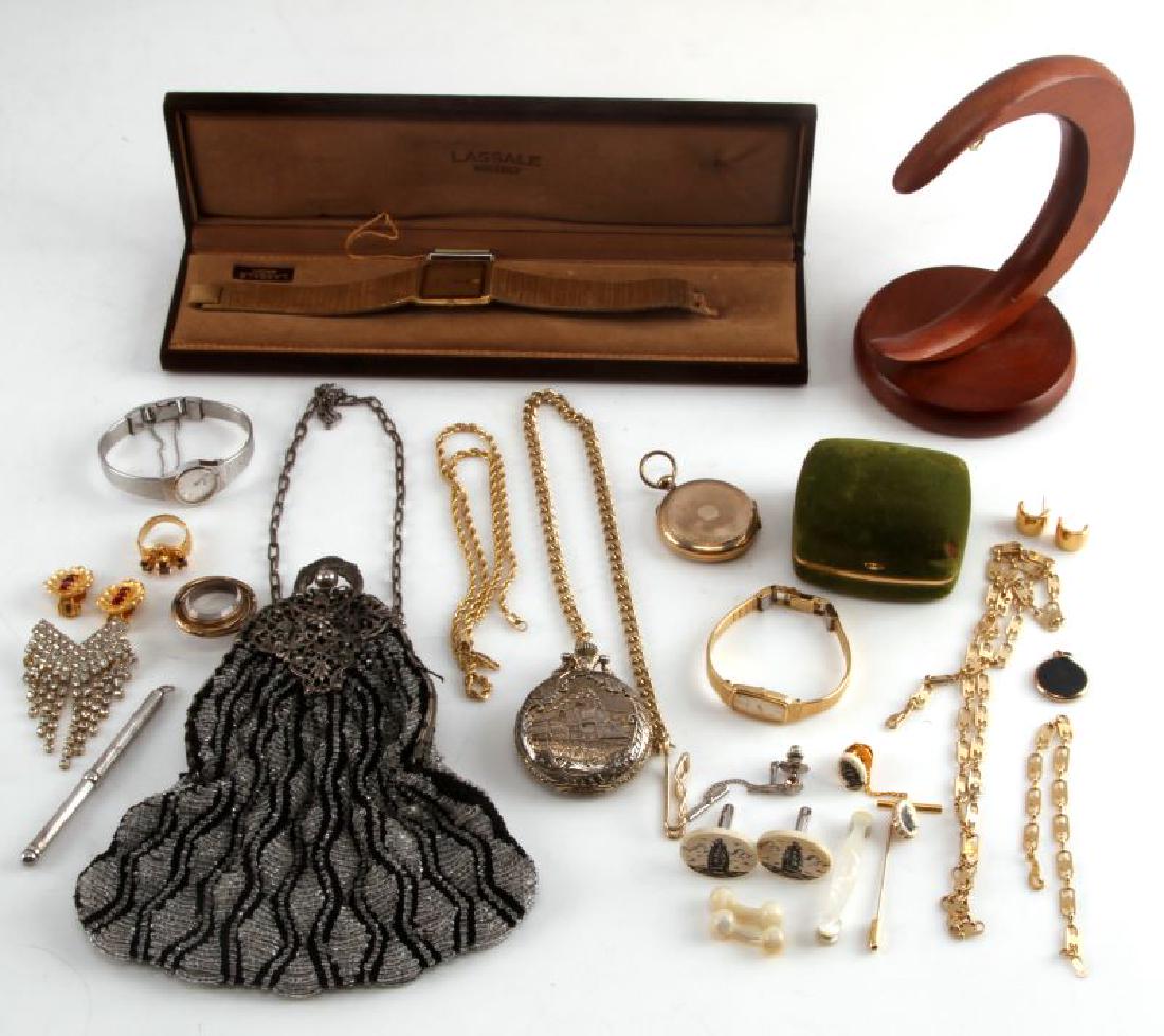 ANTIQUE VINTAGE WATCH COSTUME & GUCCI JEWELRY LOT: Lot includes Gucci 24 inch chain and 7 inch bracelet, 18kt HGE ring with topaz size 7, MOP cuff links and clip, railroad pocket watch with stand, 3 Seiko watches, 2 brooches, 2 pair earrings, beaded p