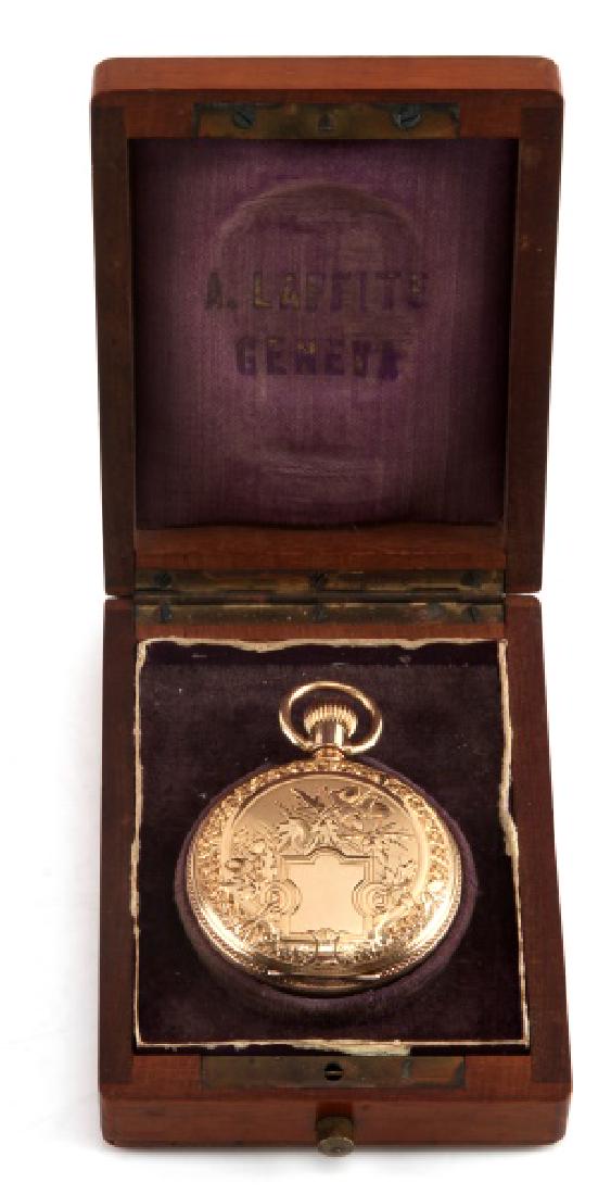 ANTIQUE ILLINOIS WATCH CO 14KT GOLD POCKET WATCH: 1884 Illinois Co 14 Kt pocket watch serial number 525456. Bow is 14kt, total weight 69 grams. Near mint condition, working, with acorn and leaf etched Hunter case reading Warranted 14K 26147.. 36mm wh