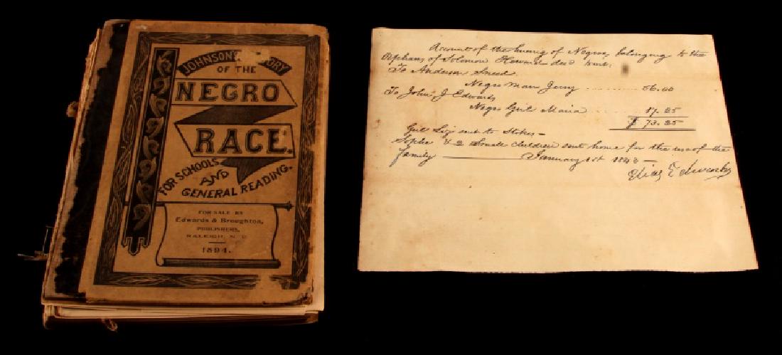 1843 SLAVE RENTAL RECEIPT & NEGRO RACE SCHOOL BOOK: Receipt for use of Negro man Jerry and girl Maria dated January 1st 1843. along with a copy of 1894 school book Johnson's story of the Negro Race. Book is missing it's binder and has some paper loss o