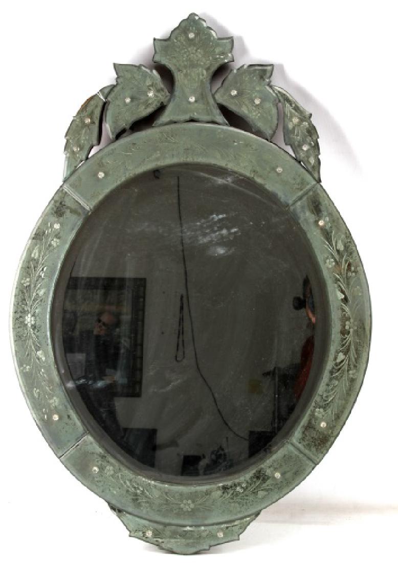ANTIQUE VENETIAN ETCHED GLASS MIRROR: Large mirror measuring 39 by 26. Main centerpiece mirror in good condition, clear. Etched border pieces are cloudy and intact.