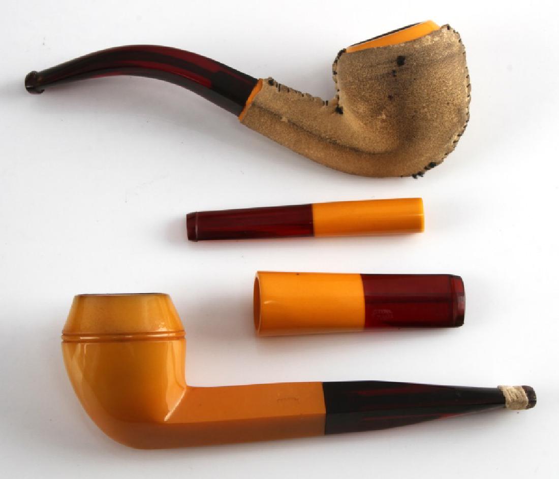 ANTIQUE CZECH BAKELITE PIPE CHEROOT AND CIGAR SET: Set contains Butterscotch and Root beer Bakelite cheroot holder, cigar holder and 2 pipes in original case. Lock is missing from case.
