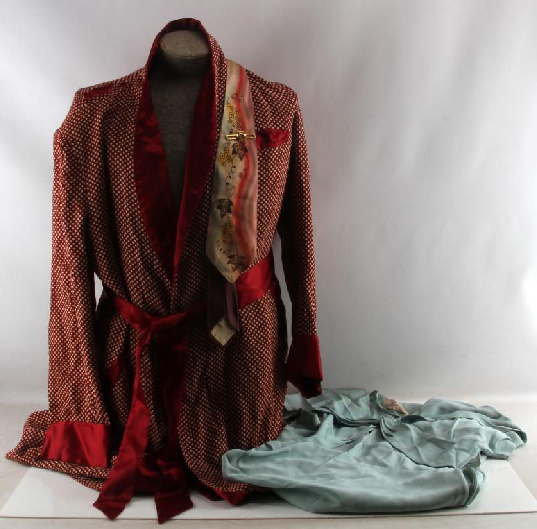 1940S GANGSTER BUGSY SIEGEL TIE CLIP ROBE & DRESS: Vintage 1940's hand painted tie with "S" tie clip and maroon polka dotted silk robe owned and worn by gangster Benjamin "Bugsy" Siegel. Also a Massar Paris New York dress worn by his lover Victoria Th