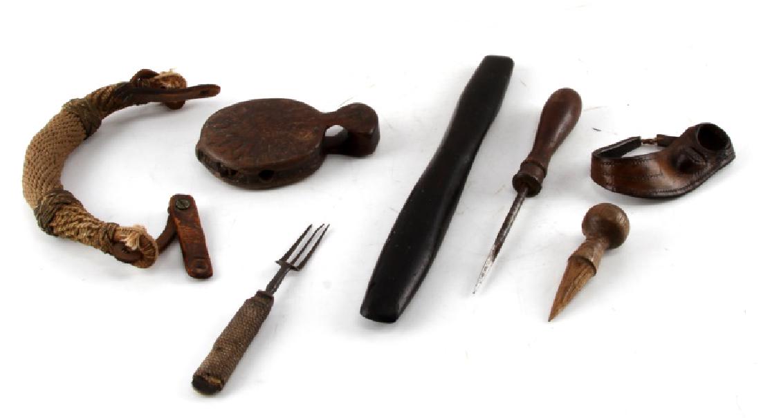 ANTIQUE SAILORS GEAR SAILMAKER MACRAME & MORE: Includes macrame Becket handle for trunk, rope splice Palm needle guard, circa 1810 scrimshawed wood pulley, Military sailors needle for sail mending, macrame handle civil war fork, and seam rubber. A