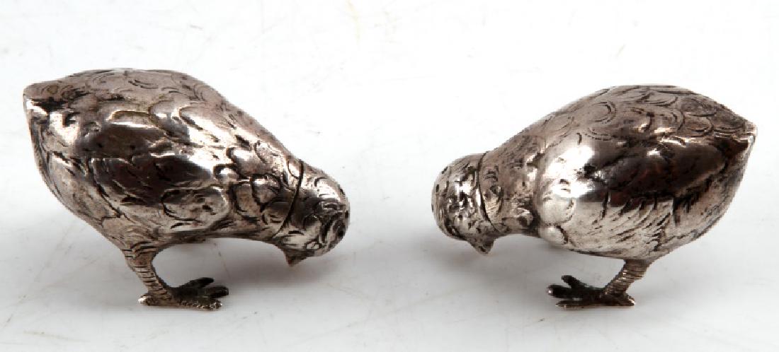 ANTIQUE GERMAN SILVER CHICKS SALT & PEPPER SHAKER: Stamped with 800 and a crown. measuring 2 1/8 inches in length and 1 1/2 inches in height. There is some loss of feather detail and contact wear.