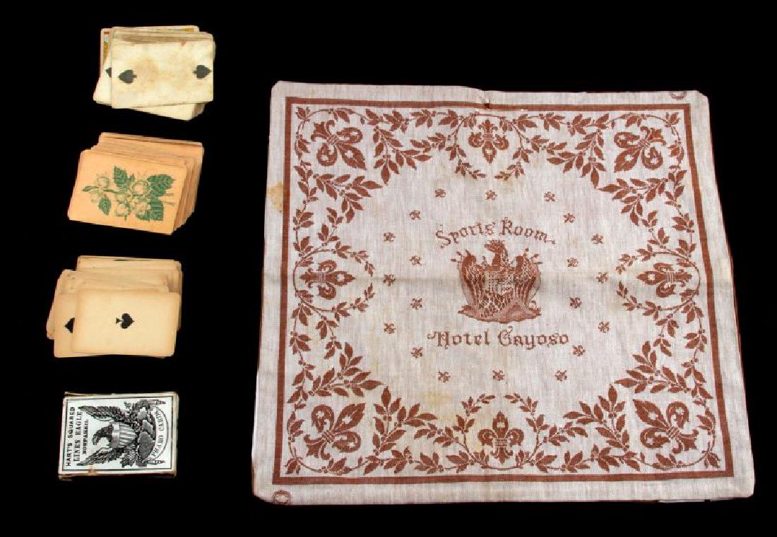 4 ANTIQUE PLAYING CARD DECK & CARD SLEEVE LOT: Lot contains FOUR (4) antique decks of playing cards - three (3) decks of Civil War era playing cards (two are complete, one is missing the ace of spades) and one (1) "Hart's Squared Linen Eagle Nonpa