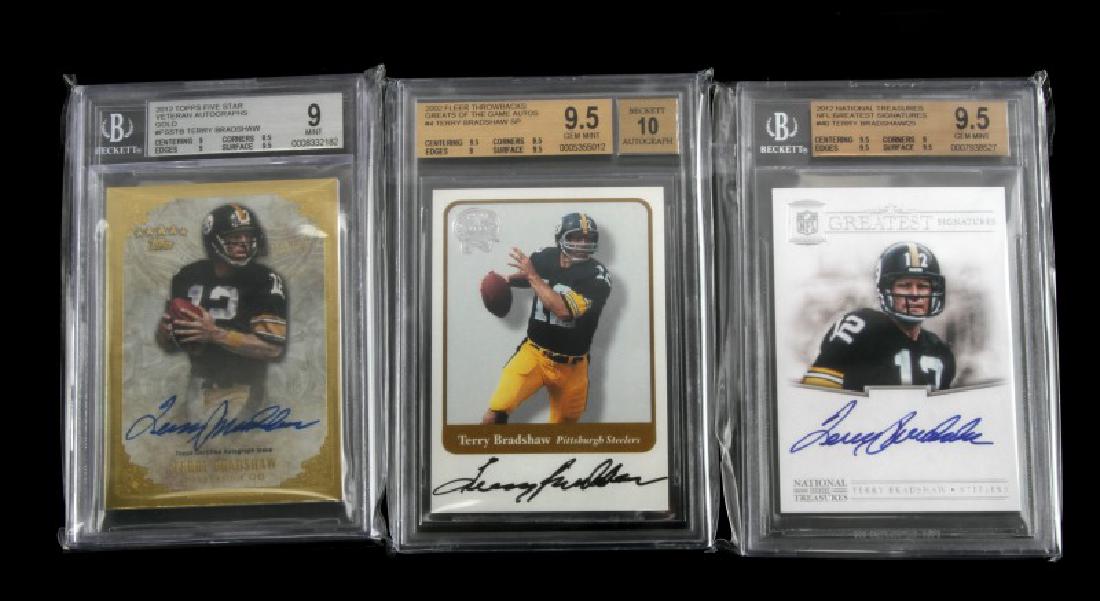 3 TERRY BRADSHAW AUTOGRAPHED & GRADED CARDS: 3 Terry Bradshaw Pittsburg Steelers autographed & Beckett graded cards. Includes 2012 National Treasures NFL Greatest Signatures 9.5 GEM MINT, 2001 Fleer Throwbacks Greatest of the Game Autos 9.5 GEM 