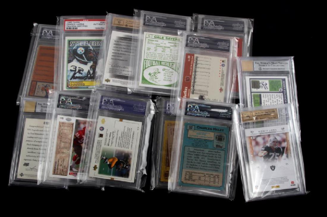 13 MIXED AUTOGRAPHED GRADED NFL CARDS BIG NAMES: 13 mixed autographed and graded NFL trading cards. Includes 1976 Topps Len Dawson PSA AUTH AUTO, 1992 Upper Deck Charles Halwy PSA AUTH AUTO, 1988 TOPPS Charles Haley AUTH AUTO, 2010 National Treasure