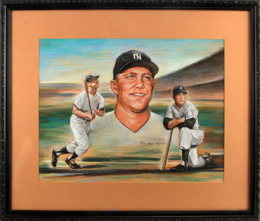 MICKEY MANTLE OIL PASTEL PICTURE SIGNED ZHENG LI: Oil pastel homage of Mickey Mantle in 3 poses signed center right by artist Zheng Li '97. Measurements, mated and framed, 26 by 32 inches.