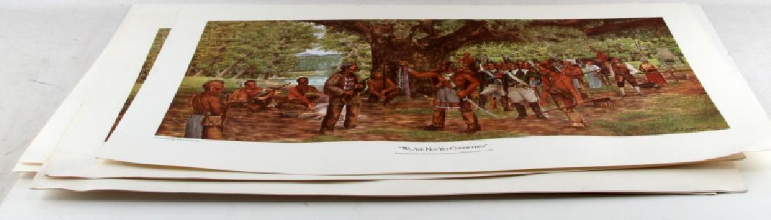 DEALERS PRINT LOT OF CHEROKEE HERITAGE SERIES NO1: 9 copies of "We Are Not Yet Conquered" Dragging canoe with Shawnee Delegation at Chickamauga - 1779, from the Cherokee Heritage Series No. 1 by John Wood 2/26/84. Measurements are 19 by 32 inches.