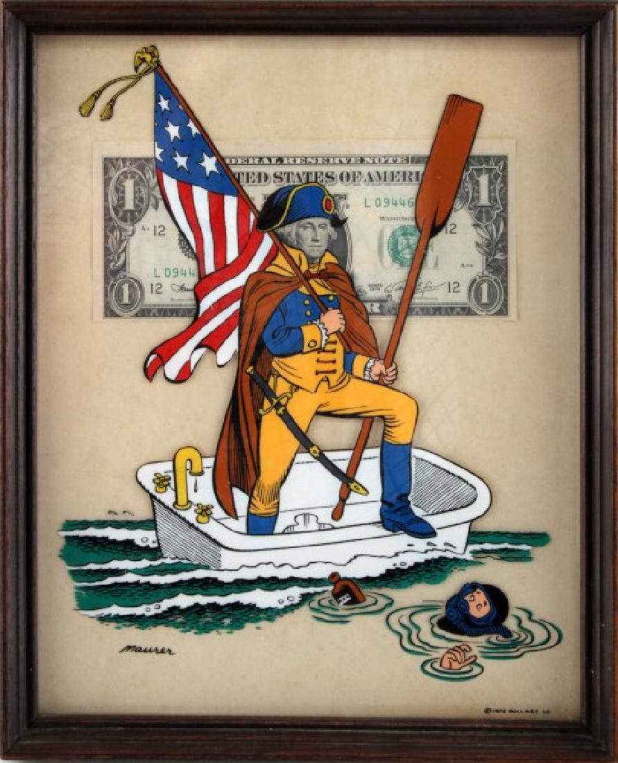 1976 VINTAGE DOLLART CO CONCEPT WALL ART: Vintage 1976 Dollart Co. by artist Maurer. Wall Art depicts Washington crossing the Delaware in a bathtub. Measurements are 11 by 9 inches.