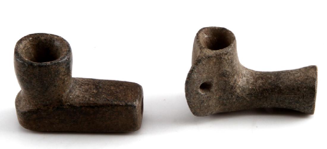 2 WOODLAND AMERICAN INDIAN STONE ELBOW PIPE: Lot of TWO (2) includes: one (1) 2 x 1.25 inch antique stone pipe from Greene County, TN (has two drilled holes), and one (1) 2 x 1.5 inch stone elbow pipe from Hawkins County, TN. Measurements are ap