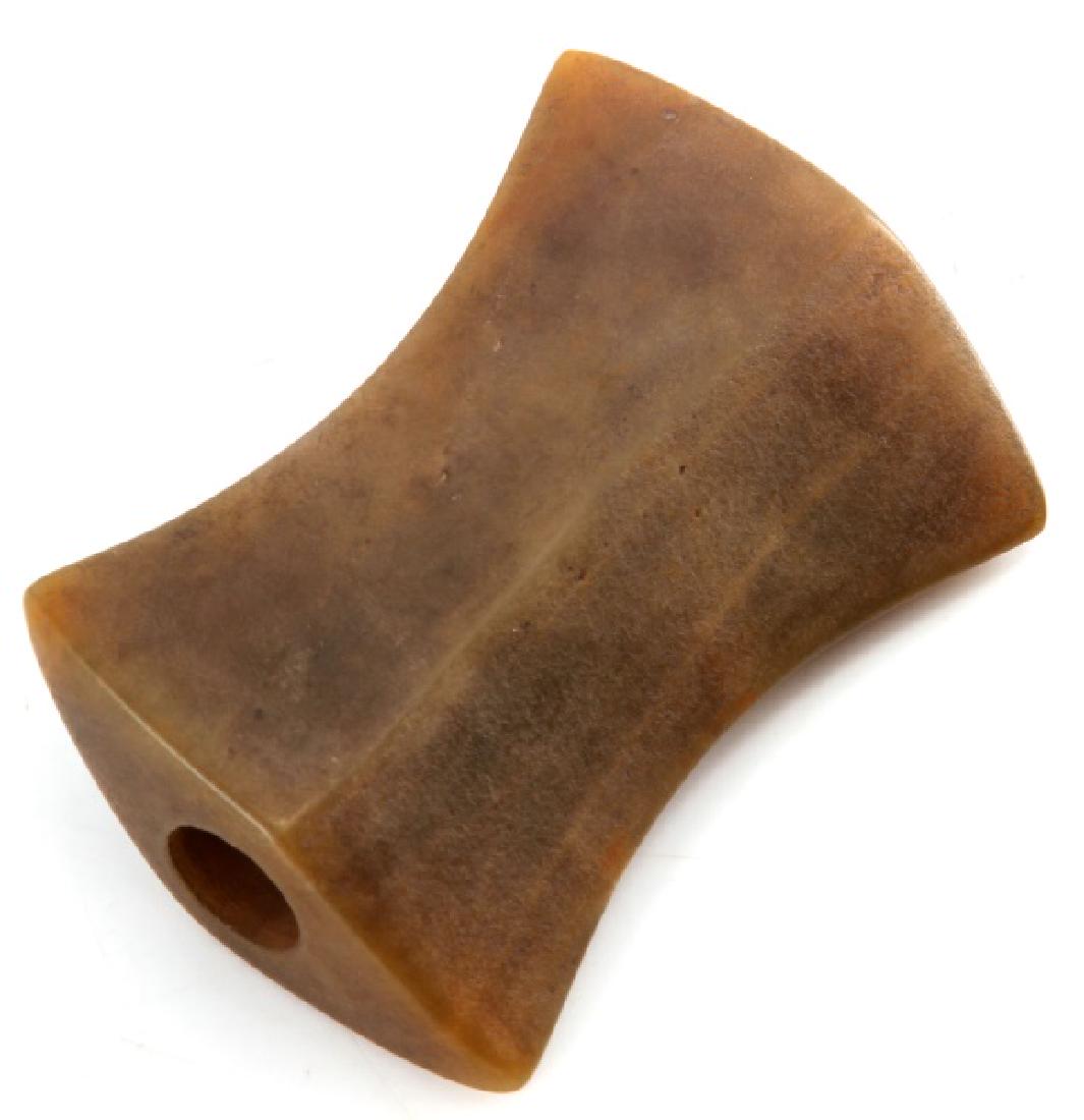 NATIVE AMERICAN HOURGLASS SPEAR BANNERSTONE: Measurements are 3 1/3 by 2 3/8 inches. There is a fissure across middle of form on one side. Unauthenticated sold as is.