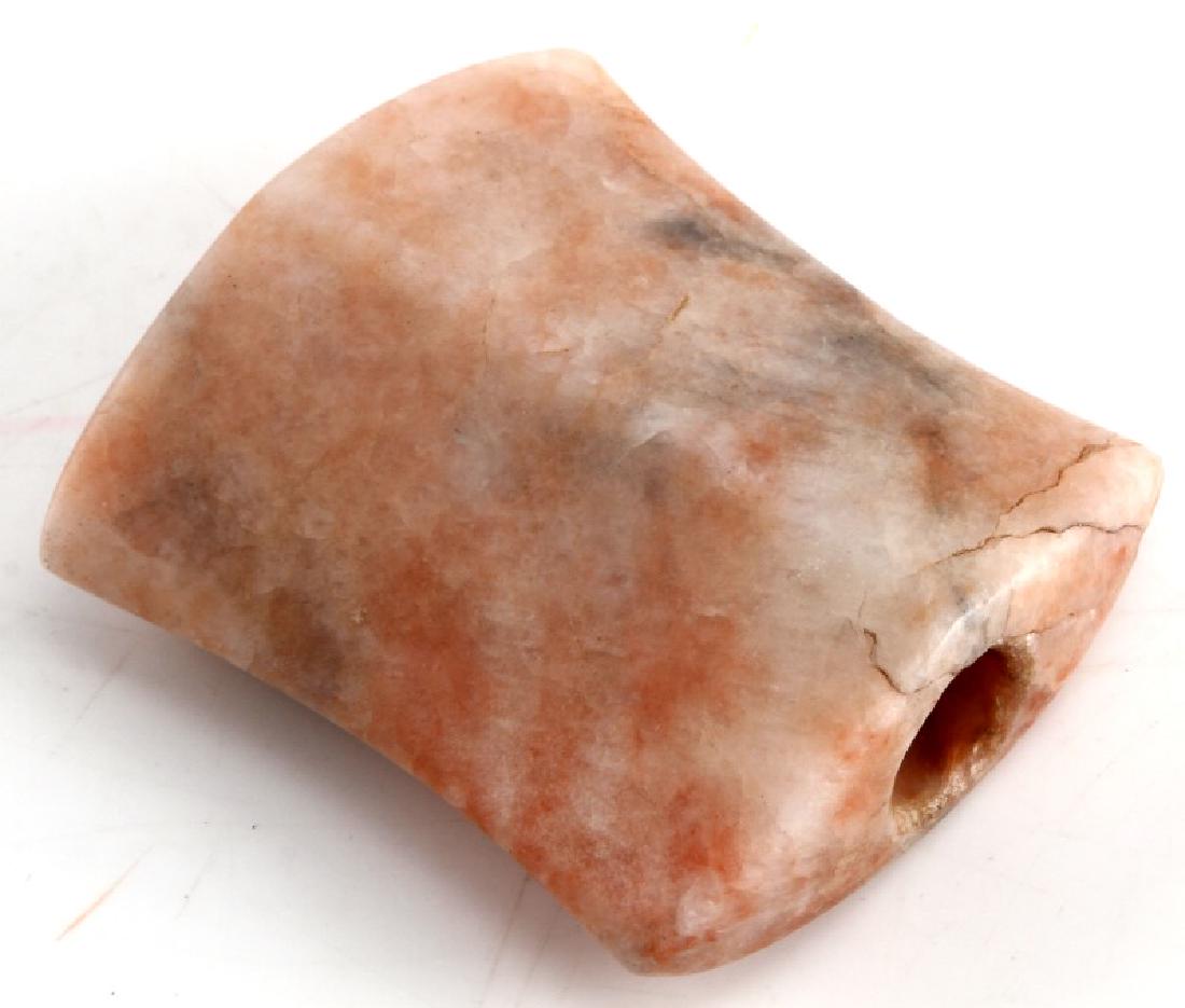 QUARTZ INDIAN HOURGLASS SPEAR BANNERSTONE: Measurements are 2 5/8 by 2 3/8 inches. There is a fissures along tiop of form on one side. Unauthenticated sold as is.