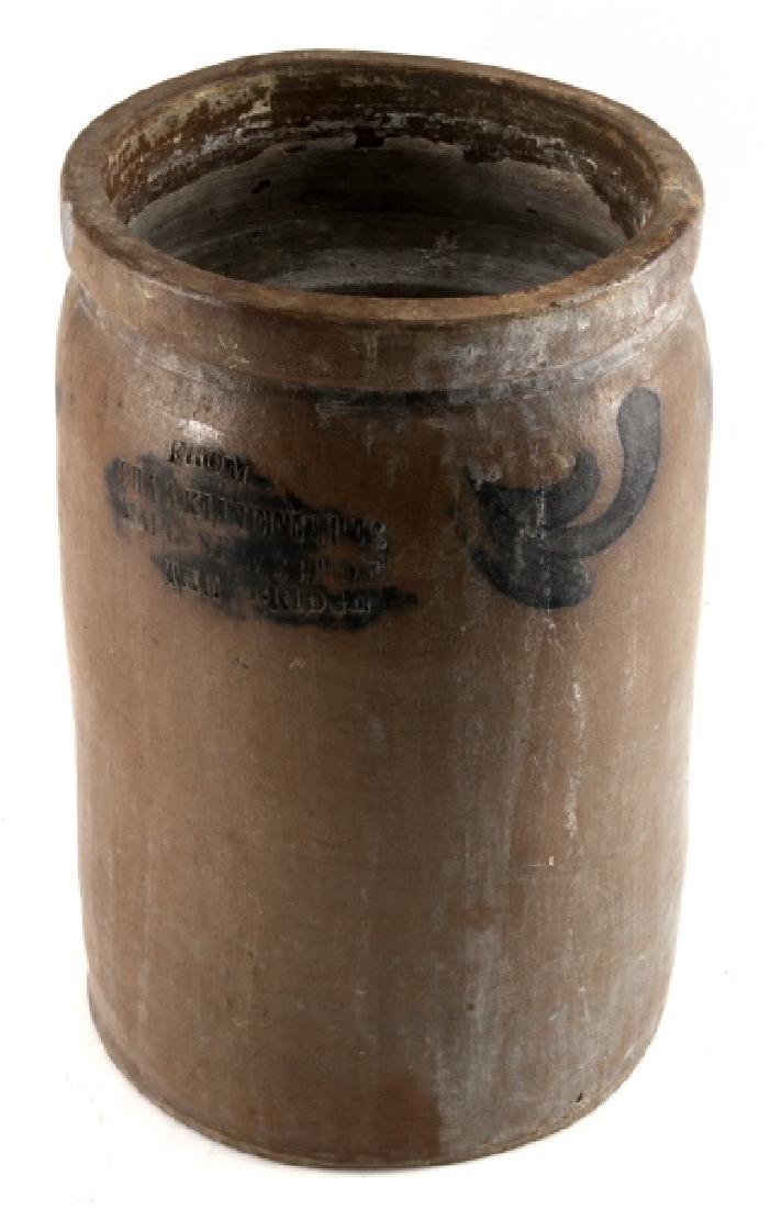 19TH CENTURY PENNSYLVANIA STONEWARE CANNING CROCK: Stamped "from CHA A. Klinefelter Main St. West of the Bridge". Salt glazed with a cobalt leaf design signed MANN LJ. Height 12 inches with an 8 inch diameter. No cracks, 1 chip on the rim and some cal