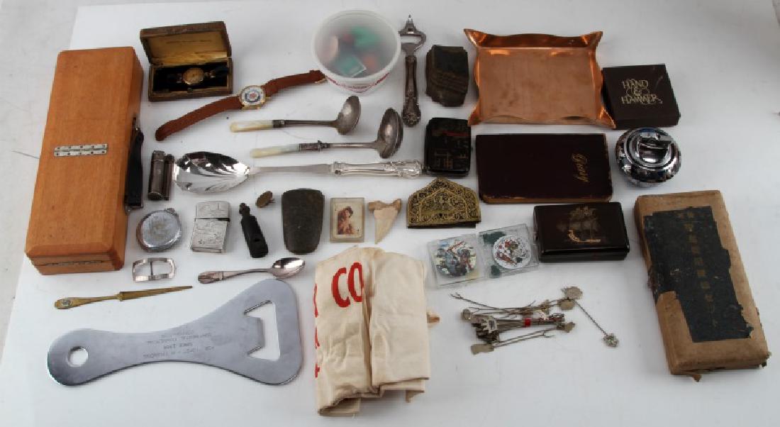 GENERAL ASSORTED VINTAGE AND ANTIQUES LOT: Lot includes watches, serving spoons, lighters, silver, a diary, oriental themes, and more.