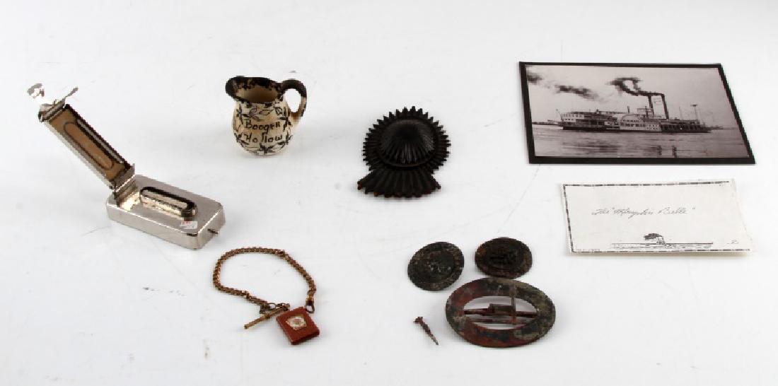 MIXED GENERAL ANTIQUE LOT MASONIC BUCKLE PHOTO: Mixed lot includes: leather military rosette, brass Masonic bracelet with letters (HTWSSTKS) on pendant, antique copper belt buckle with two medallions, Boland Pottsville, ARK mini ceramic pitcher, ph