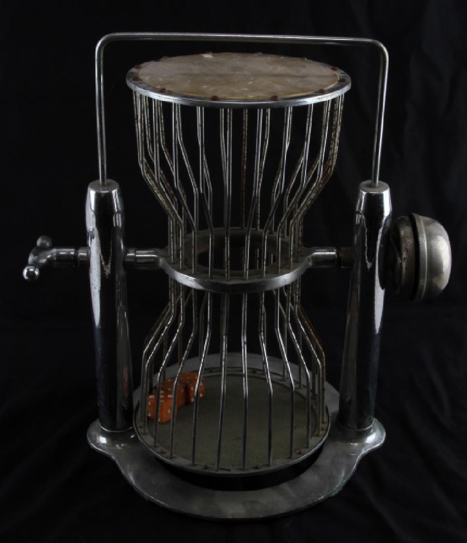 ANTIQUE CHUCK A LUCK GAMBLING DICE CAGE GAME: Three (3) original dice and bell are included. Measures approximately 16.25 x 11.75 inches, with 7.5 inch cage diameter. In good condition with some light tarnishing /rust and wear to metal surfaces.