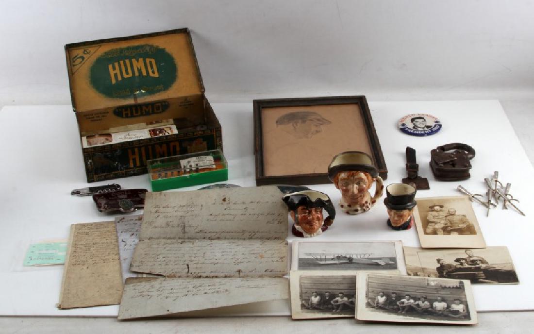 ASSORTED ANTIQUES AND VINTAGE ITEMS LOT W SILVER: Lot includes 3 miniature Toby jugs, WWI Military postcards, 1833 receipts and court docs, matchbox covers, Sterling Silver hor dourves forks, belts buckles, Sterling Silver Steif pocket knife, antique