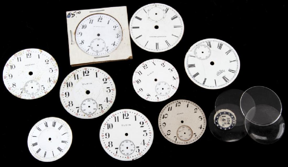 9 POCKET WATCH FACE DIAL & CRYSTAL LOT FOR PARTS: Includes 3 crystals, each dial averages 37 to over 40 MM but most are 16s, they are 2 Elgin plain, 2 Elgin Railroad, Waltham Railroad, Bancroft Bros., Elgin rpman Numeral, unmarked roman numeral, and 