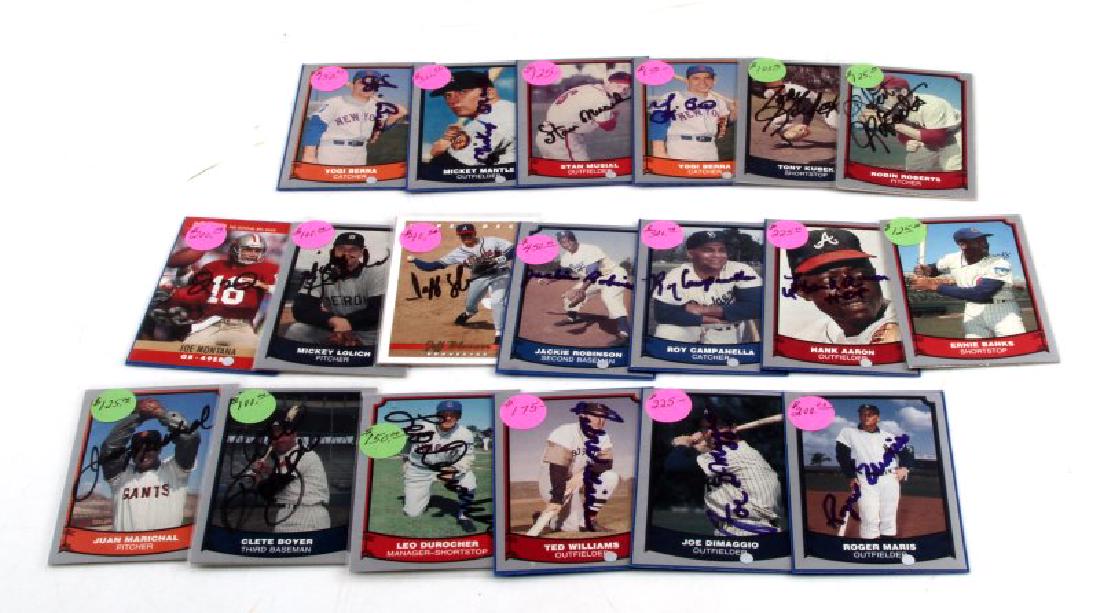 LOT OF 19 SIGNED CLASSIC BASEBALL PLAYERS CARDS: Grouping of 19 Autographed classical baseball cards including names such as : Mickey mantle, Clete Boyer, Yogi Berra, Stan Musial, Ernie Banks, and Juan Marichal. Each of these cards bear a plastic sl